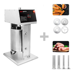 Sähköinen makkaratäyttökone & churrokone - 20 l - 180 W - ruostumaton teräs - sis. jalkapedaali & 4 täyttöputkea & 3 churrosuutinta