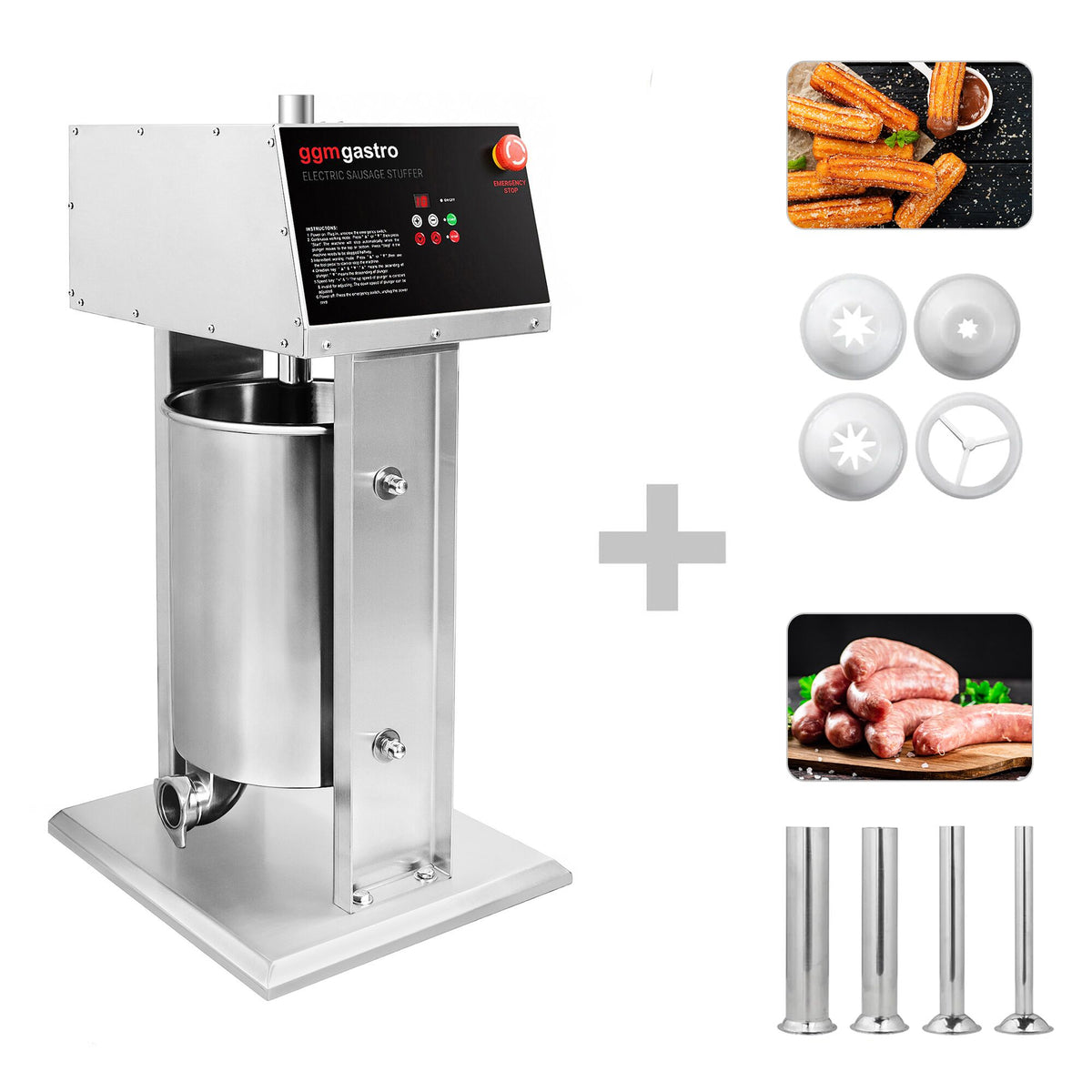 Sähköinen makkaratäyttökone & churrokone - 25 l - 180 W - ruostumaton teräs - sis. jalkapedaali & 4 täyttöputkea & 3 churrosuutinta