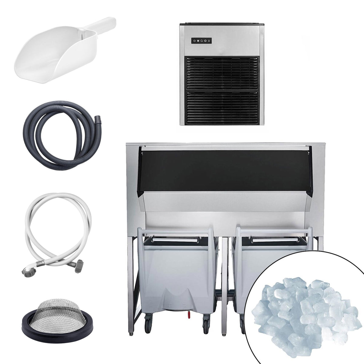 Commercial Ice Machine - Nugget - 335 kg/24 h - incl. ice storage container & transport trolley