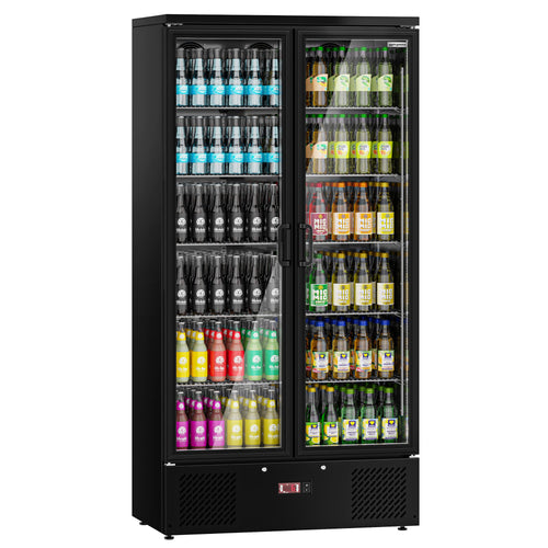 Commercial Beverage Display Fridge - 920mm - 466 Litres - stainless steel interior - with 2 hinged glass doors - digital controller with temperature display - Black - Temperature range 2 to 8 °C