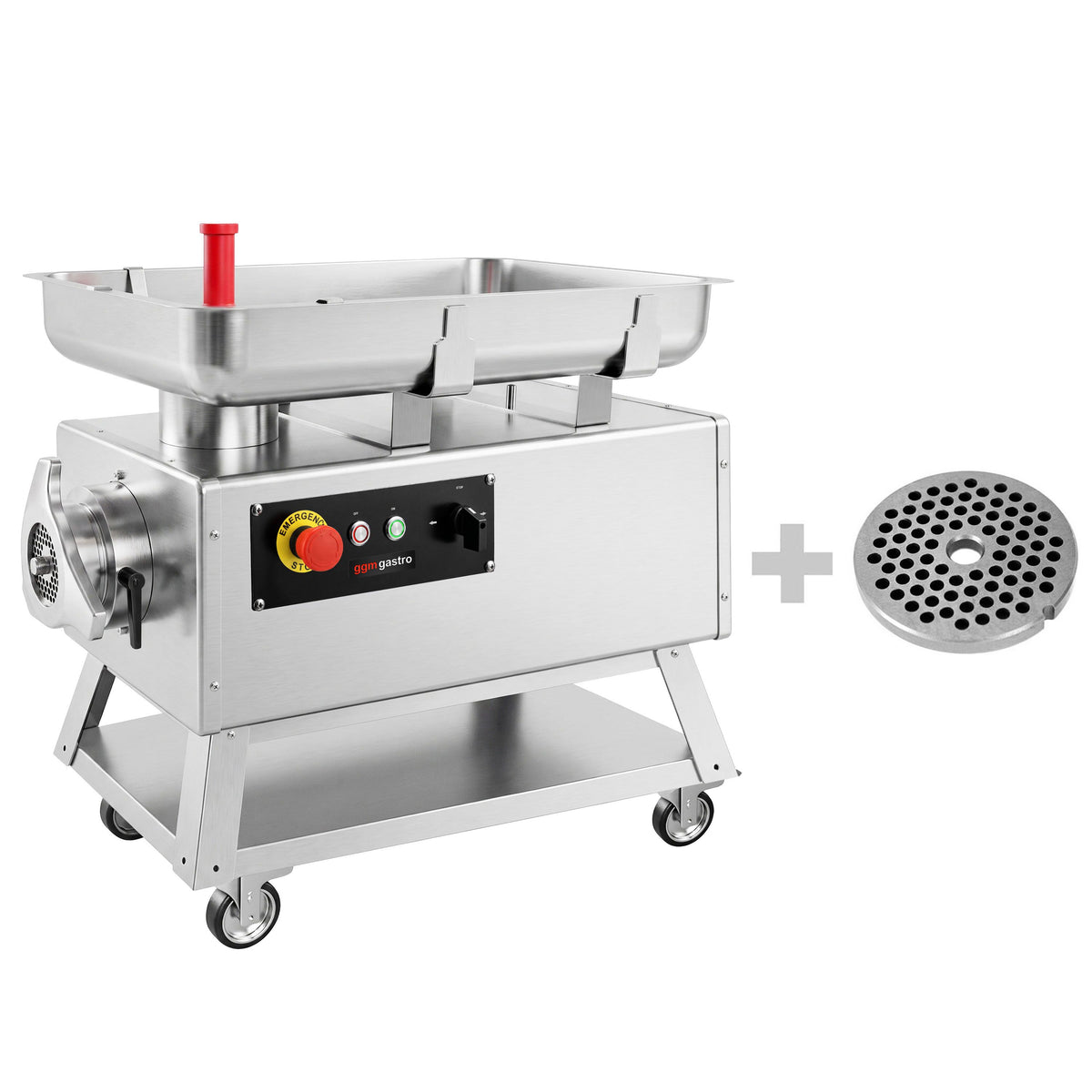 Lihamylly 42 - ruostumaton teräs - 700 kg/h - 4 kW - peruutustoiminto - pyörillä - reikälevy 4,0 mm