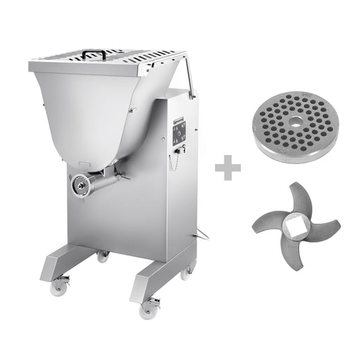 Sähköinen Lihamylly 42 - ruostumaton teräs - lihamassan sekoittimella - 1 200 kg/h - 5,15 kW - peruutustoiminto - pyörillä - reikälevy 4,5 mm
