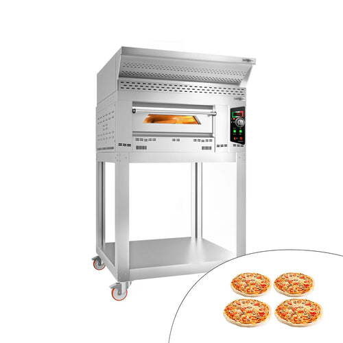 Gas Deck Pizza Oven - Single Deck - Refractory Stone Deck - 4 x Ø 34cm (13.4") - 230V Single Phase - Mechanical Controls - up to 450°C - incl. Stainless steel hood, Base frame & Wheels set