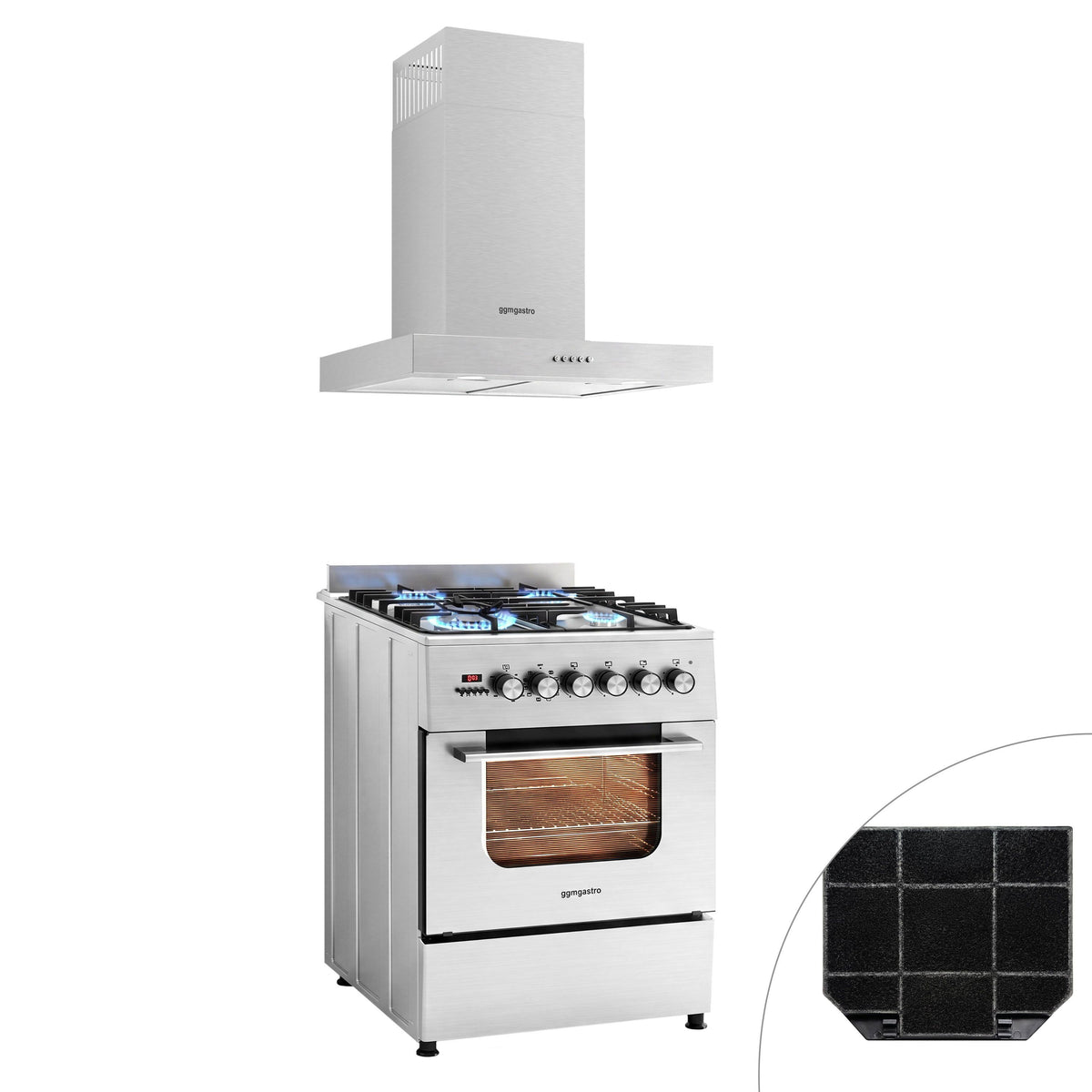 Kaasuliesi – 8,4 kW – 4 polttinta – sähköuuni – 3,85 kW ja kiertoilma-liesituuletin
