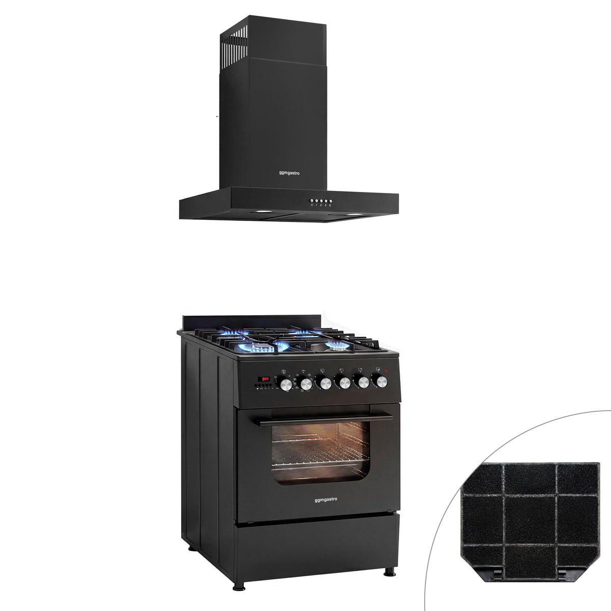 Kaasuliesi – 8,4 kW – 4 poltinta – sisältää sähköuunin – 3,85 kW ja kiertoilma-liesituulettimen