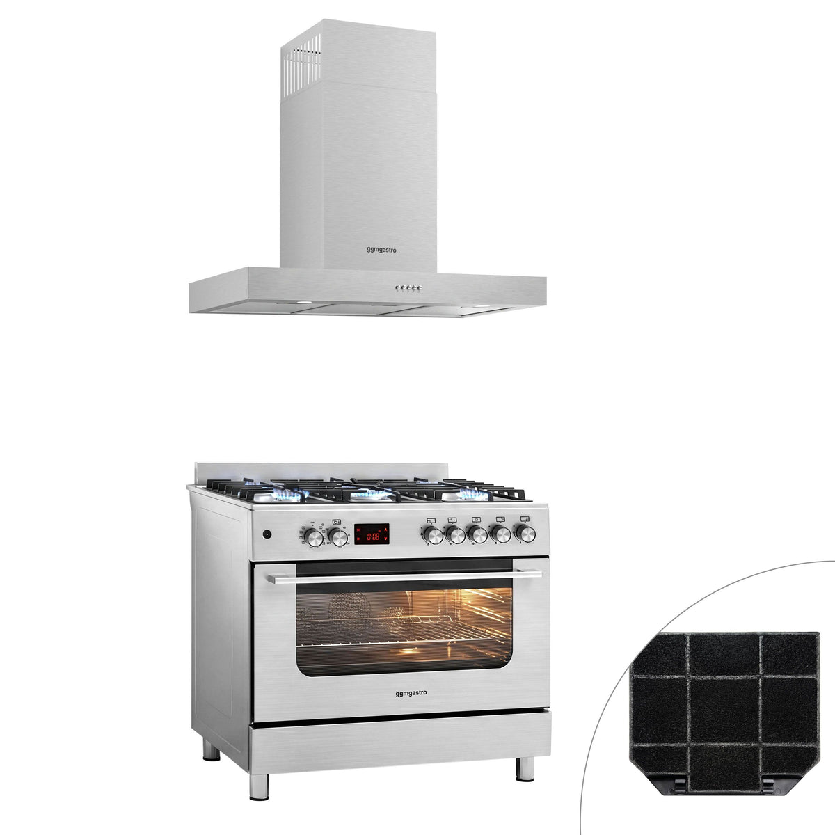Kaasuliesi – 13,45 kW – 5 polttinta – sisältää sähköuunin – 3,23 kW ja kiertoilma-liesituulettimen