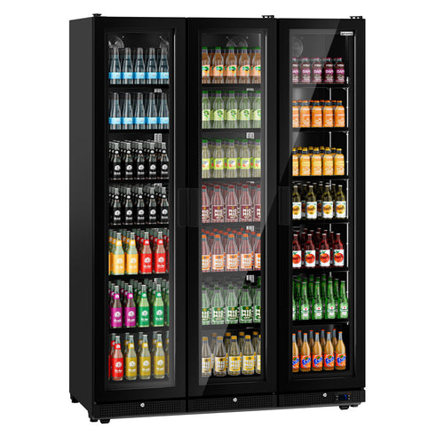 Commercial Beverage Display Fridge - 1500mm - 975 Litres - with 3 hinged glass doors - LED lighting - Temperature range 0 to 7 °C - Black