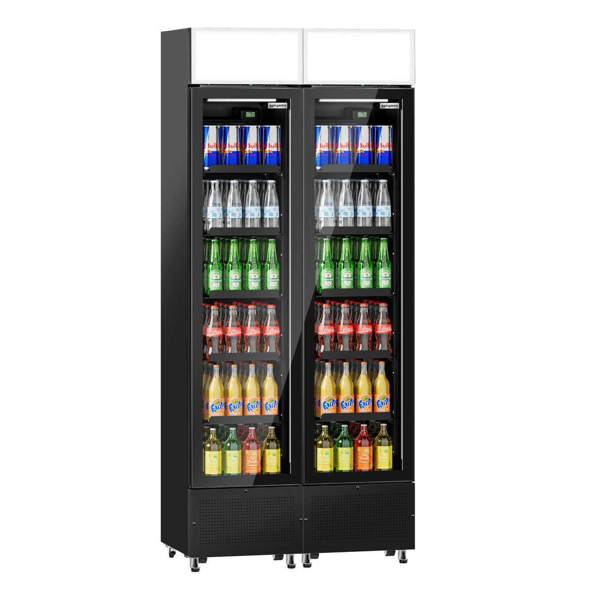(2 kpl) Juomakaappi - 870 mm - 290 l - 2 lasiovea - valaistu mainospaneeli - LED-sisävalo - musta