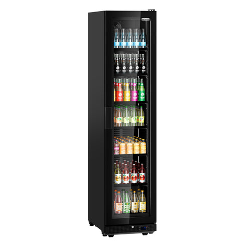 Commercial Beverage Display Fridge - 500mm - 295 Litres - with 1 hinged glass door - LED lighting - Black - Temperature range 0 to 7 °C
