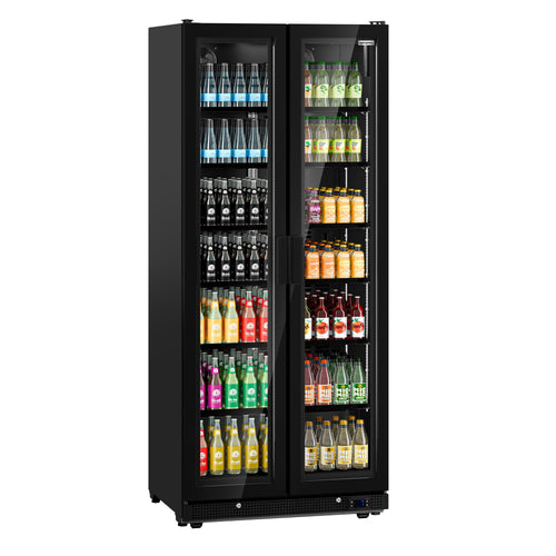 Commercial Beverage Display Fridge - 900mm - 573 Litres - with 2 hinged glass doors - LED lighting - digital controller with temperature display - Black - Temperature range 0 to 7 °C