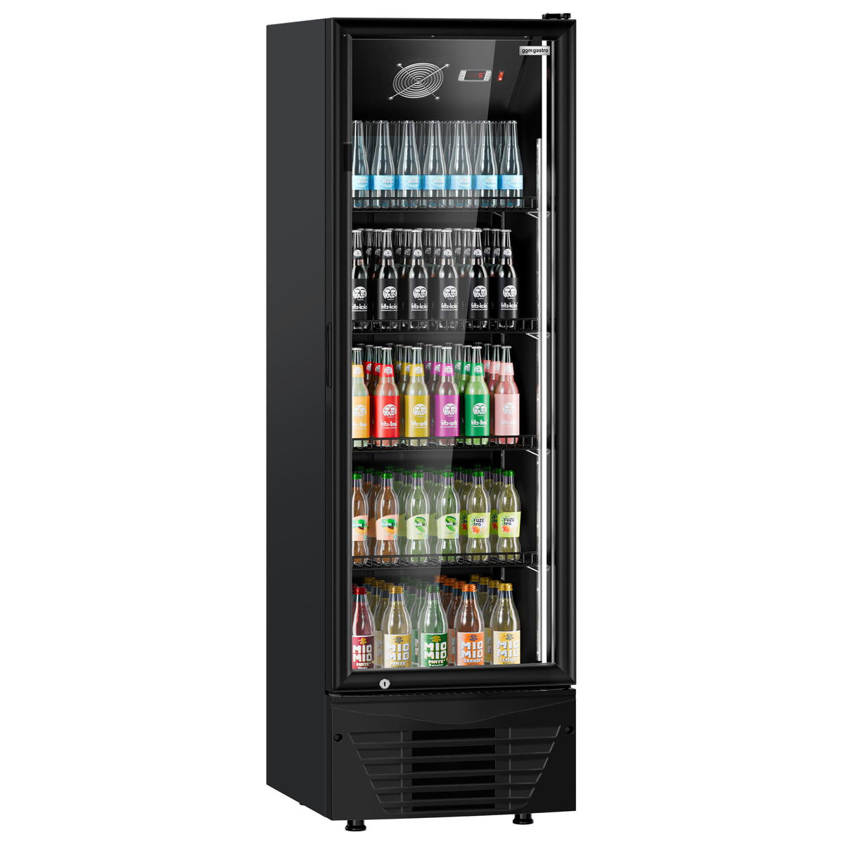 Commercial Beverage Display Fridge - 590mm - 330 Litres - 1 hinged glass door - LED lighting - digital controller with temperature display - Black - Temperature range 2 to 8 °C