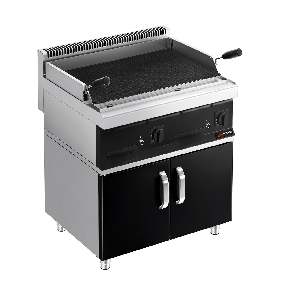 Laavakivigrilli (kaasu) - 7 kW - 800 mm - syvyys 700 mm - musta etupaneeli - alakaapilla, 2 ovea - Valurautaritilä