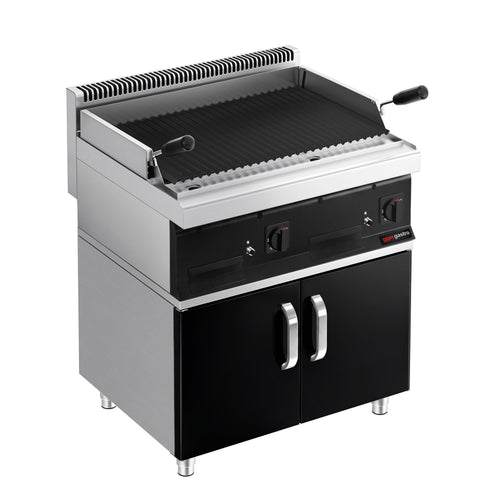 Laavakivigrilli (kaasu) - 7 kW - 800 mm - syvyys 700 mm - musta etupaneeli - alakaapilla, 2 ovea - Valurautaritilä