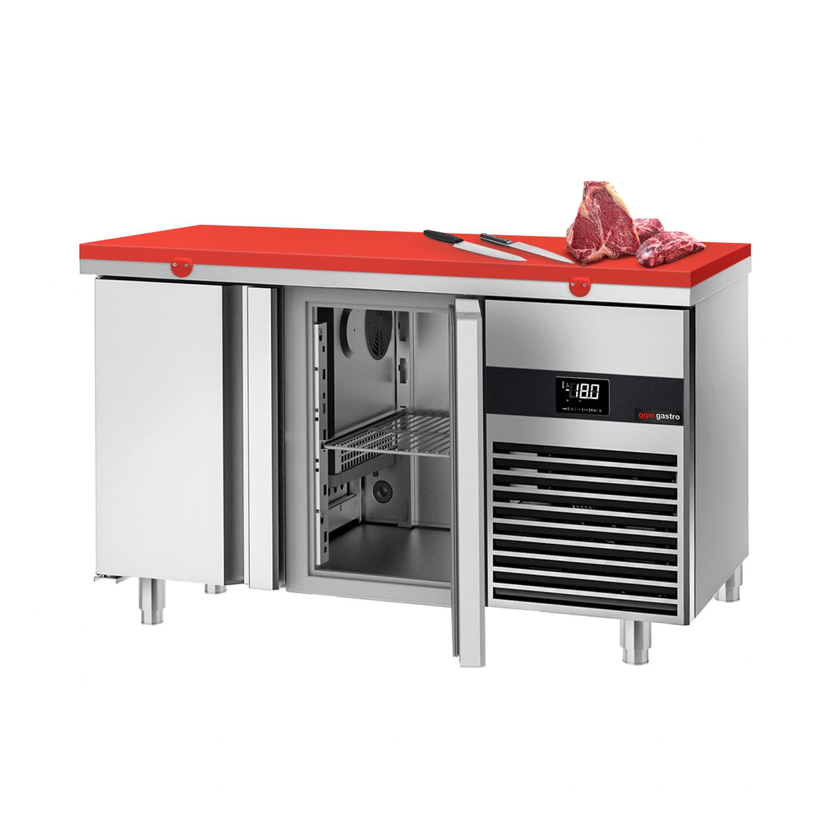 Pakastinpöytä PREMIUM - 1400x700 mm - 281 l - 2 ovea - sisältää leikkuulaudan punainen