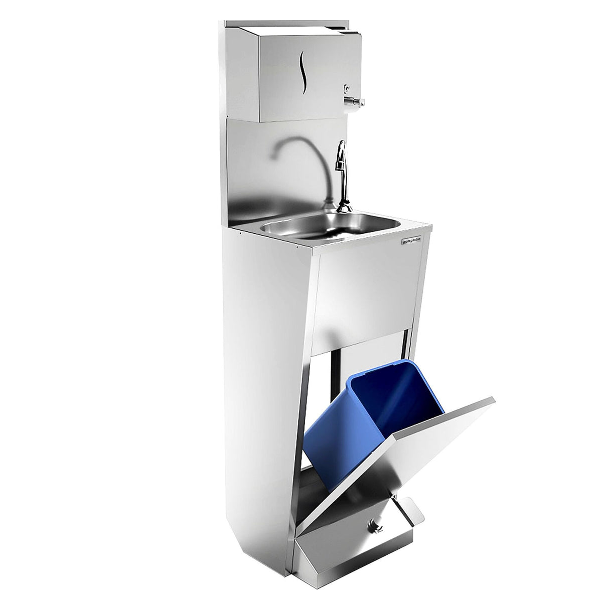 Commercial Hand Wash Sink - Stainless steel - wall mounted, knee-operated, with upstand/splashback, with tap, with paper towel dispenser, manual soap dispenser