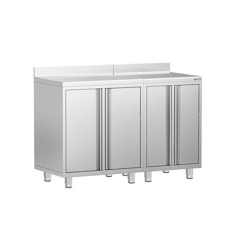 Commercial Stainless Steel Coffee Station & Worktop Floor Cupboard  - for Coffee Machine - 1400x600mm - with 4 Double Doors - with Rear Upstand