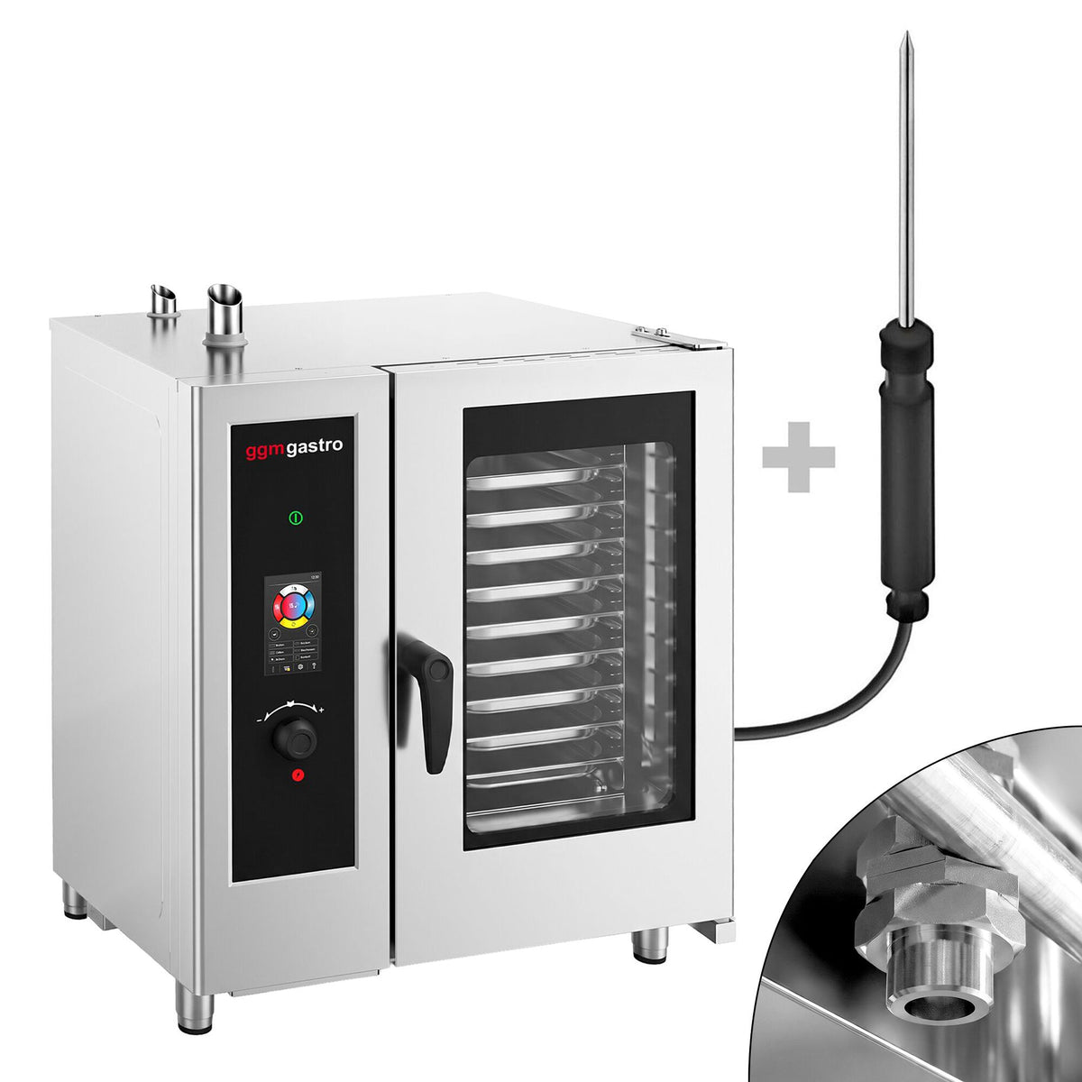Commercial Electric Combi Oven - Touchscreen Controls - 10x GN 1/1 - incl. Automatic washing system, Core temperature probe, Boiler-based steam generator & Rack trolley