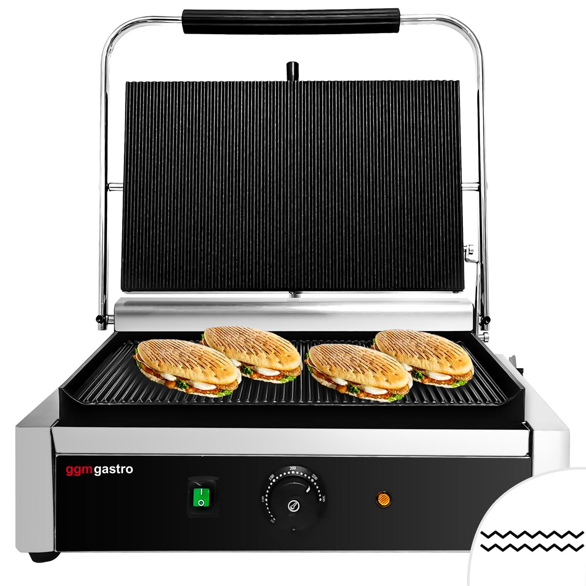 Kontaktigrilli / paninigrilli - 2,6 kW - ritetut ylä- & alalevyt - Paistoala: 400x225 mm