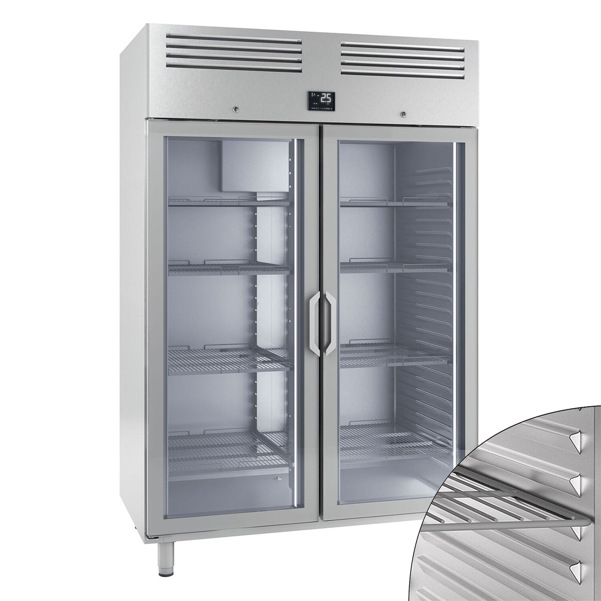Commercial Upright Fridge Stainless steel PREMIUM PLUS - GN 2/1 - 1240L - with 2 glass doors