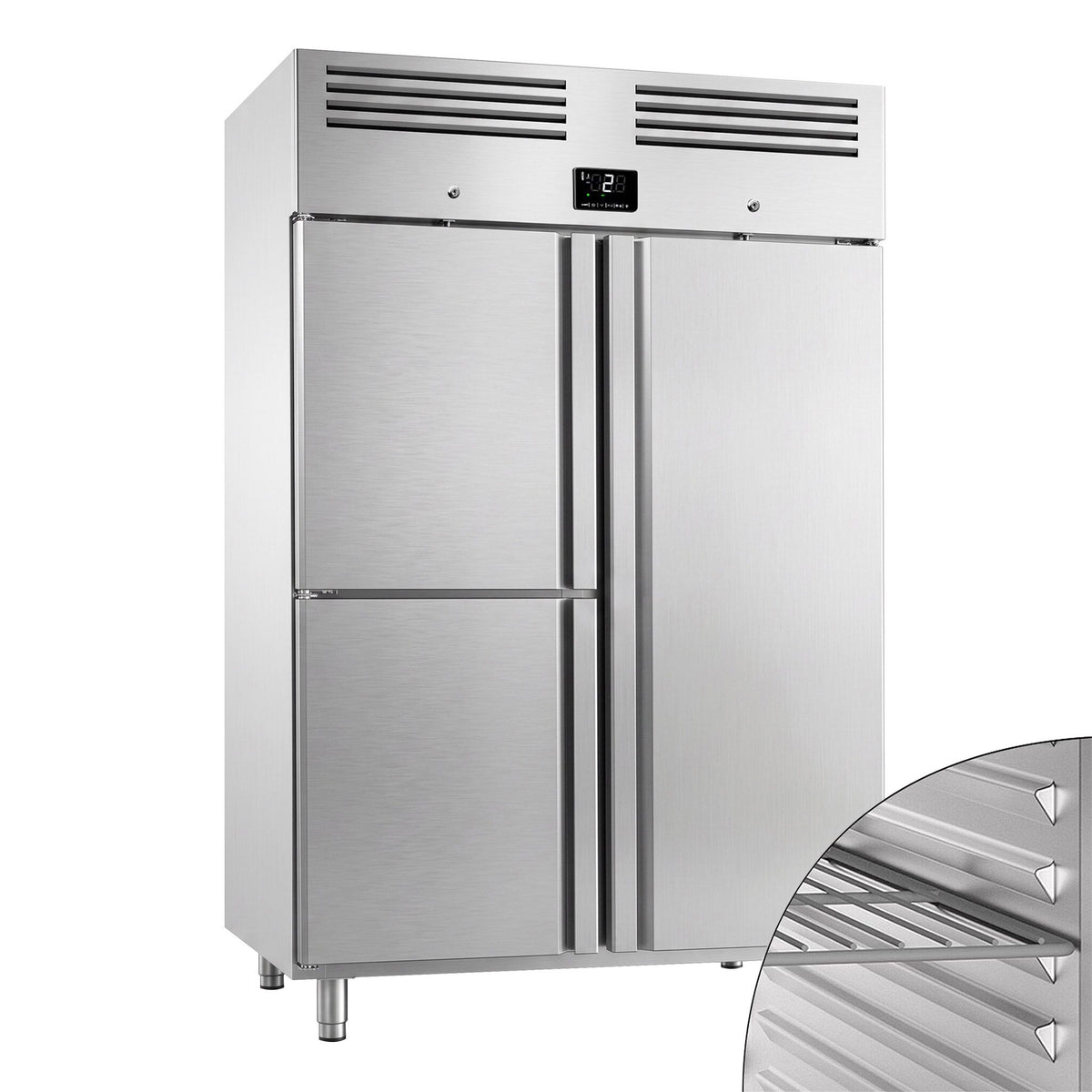 Commercial Upright Fridge Stainless steel PREMIUM PLUS - GN 2/1 - 1240L - with 1 door & 2 half doors
