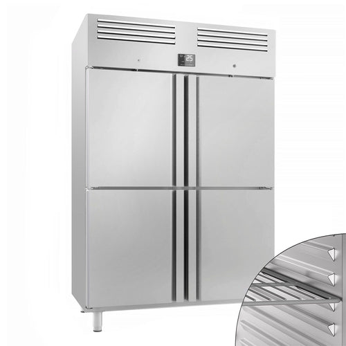 RST-kylmäkaappi PREMIUM PLUS - GN 2/1 - 1385 mm - 1240 l - +2…+8 °C - mitat 4 puolikasta ovea - LED-valaistus, digitaalinen termostaatti, automaattinen sulatus, kiertoilmajäähdytys, R290, lukittava