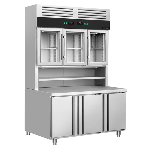 Kylmäpöytä seinäkiinnitteisellä kylmävitriinillä - 1350x800 mm - 520 l - Kaksoislasitus - 3 lasiovea - 3 ovea - työtaso