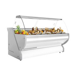 Kylmätiski - 2515x1150 mm - 500 l - Väri valkoinen - 3 hyllyä - etulasi Kaareva - musta graniittitaso