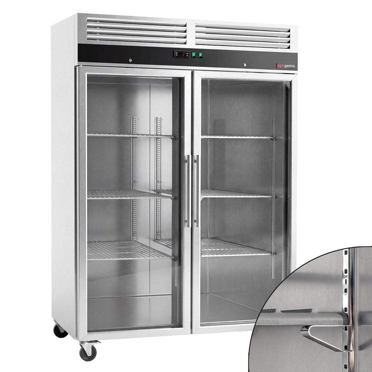 RST-kylmäkaappi ECO - 1480 mm - 1200 l - +2…+8 °C - mitat 2 lasiovea - digitaalinen termostaatti, automaattinen sulatus, kiertoilmajäähdytys, lukittava, 4 pyörää