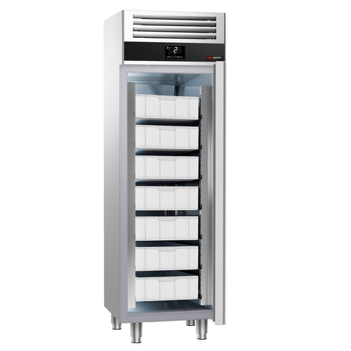 Kalajääkaappi Ruostumaton teräs PREMIUM - 600 mm - 400 l - -5…0 °C - mitat 1 ovi - digitaalinen termostaatti, automaattinen sulatus, kiertoilmajäähdytys, LED-valaistus, R290