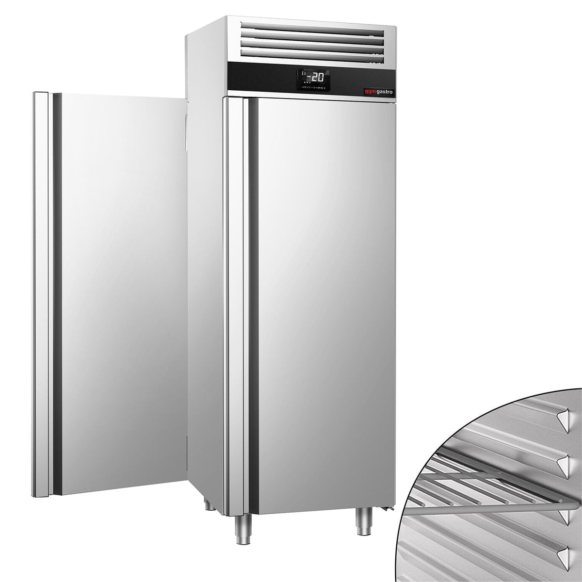 Läpivientipakastin Ruostumaton teräs PREMIUM - GN 2/1 - 700 mm - 1460 l - -22…-10 °C - mitat 1 ovi edessä ja takana - digitaalinen termostaatti, automaattinen sulatus, kiertoilmajäähdytys, R290, sisävalaistus