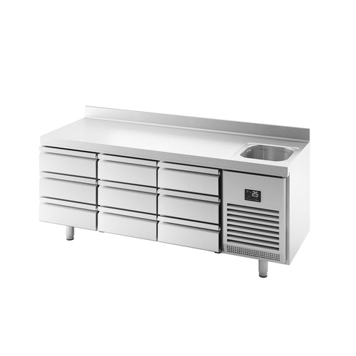 Kylmäpöytä PREMIUM PLUS - 1960x700 mm - 465 l - 1 allasta - 9 laatikkoa - Takakoroke