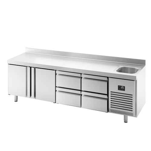 Kylmäpöytä PREMIUM PLUS - 2452x700 mm - 630 l - 1 allasta - 2 ovea - 4 laatikkoa - Takakoroke