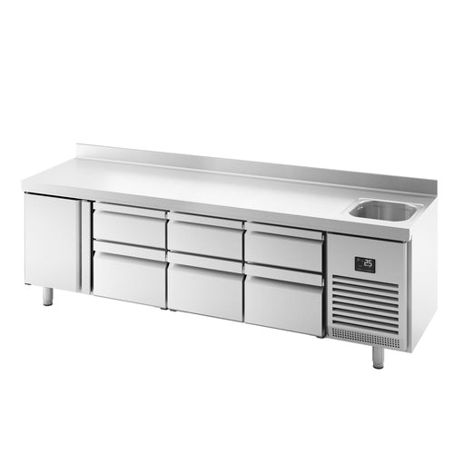 Kylmäpöytä PREMIUM PLUS - 2452x700 mm - 630 l - 1 allasta - 1 ovea - 6 laatikkoa - Takakoroke