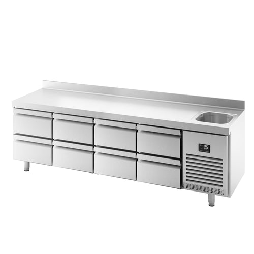 Kylmäpöytä PREMIUM PLUS - 2452x600 mm - 510 l - 1 allasta - 8 laatikkoa - Takakoroke