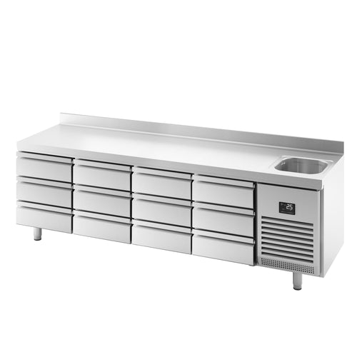Kylmäpöytä PREMIUM PLUS - 2452x600 mm - 510 l - 1 allasta - 12 laatikkoa - Takakoroke