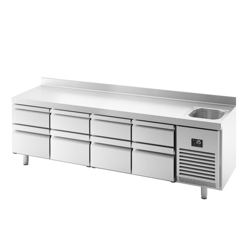 Kylmäpöytä PREMIUM PLUS - 2452x700 mm - 630 l - 1 allasta - 8 laatikkoa - Takakoroke