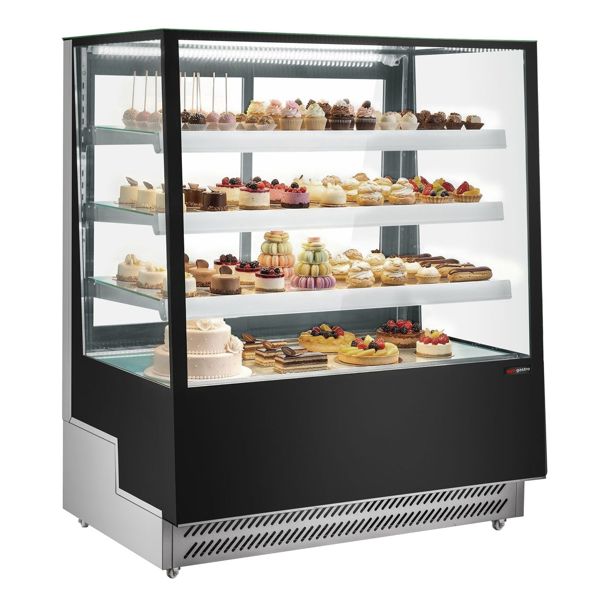 Kakkuvitriini - 686 l - 1200 mm - kaksinkertainen lasi - 3 hyllyä - LED-valaistus - liukuovet - musta