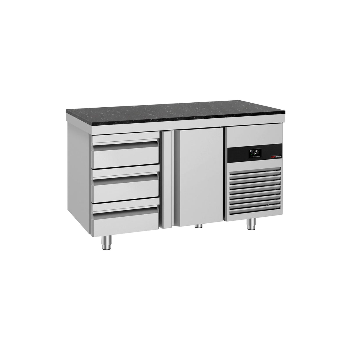 Commercial Counter Fridge PREMIUM – 1400 × 700 mm – with 1 Door & 3 Drawers – incl. Granite Worktop