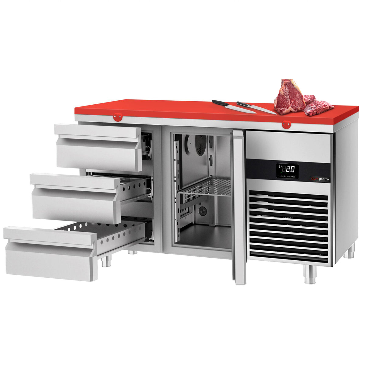 Commercial Counter Fridge PREMIUM - 1400x700mm - with 1 door - 3 drawers - incl. cutting board red - capacity 281 litres