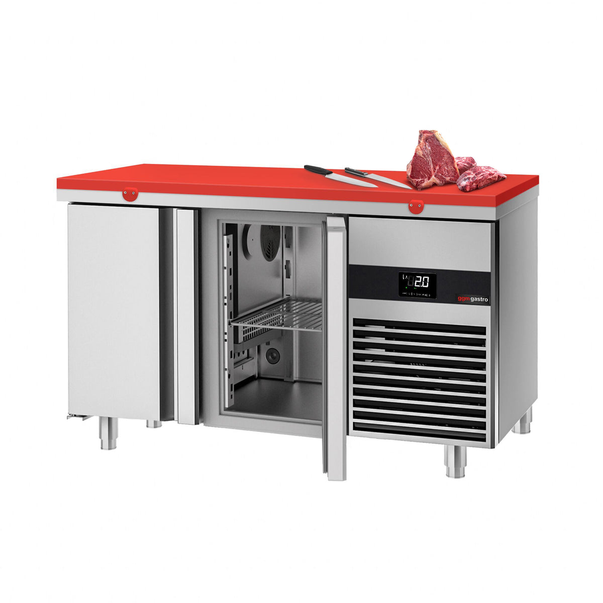 Kylmäpöytä PREMIUM - 1400x700 mm - 281 l - Väri punainen - 2 ovea - sisältää leikkuulaudan punainen