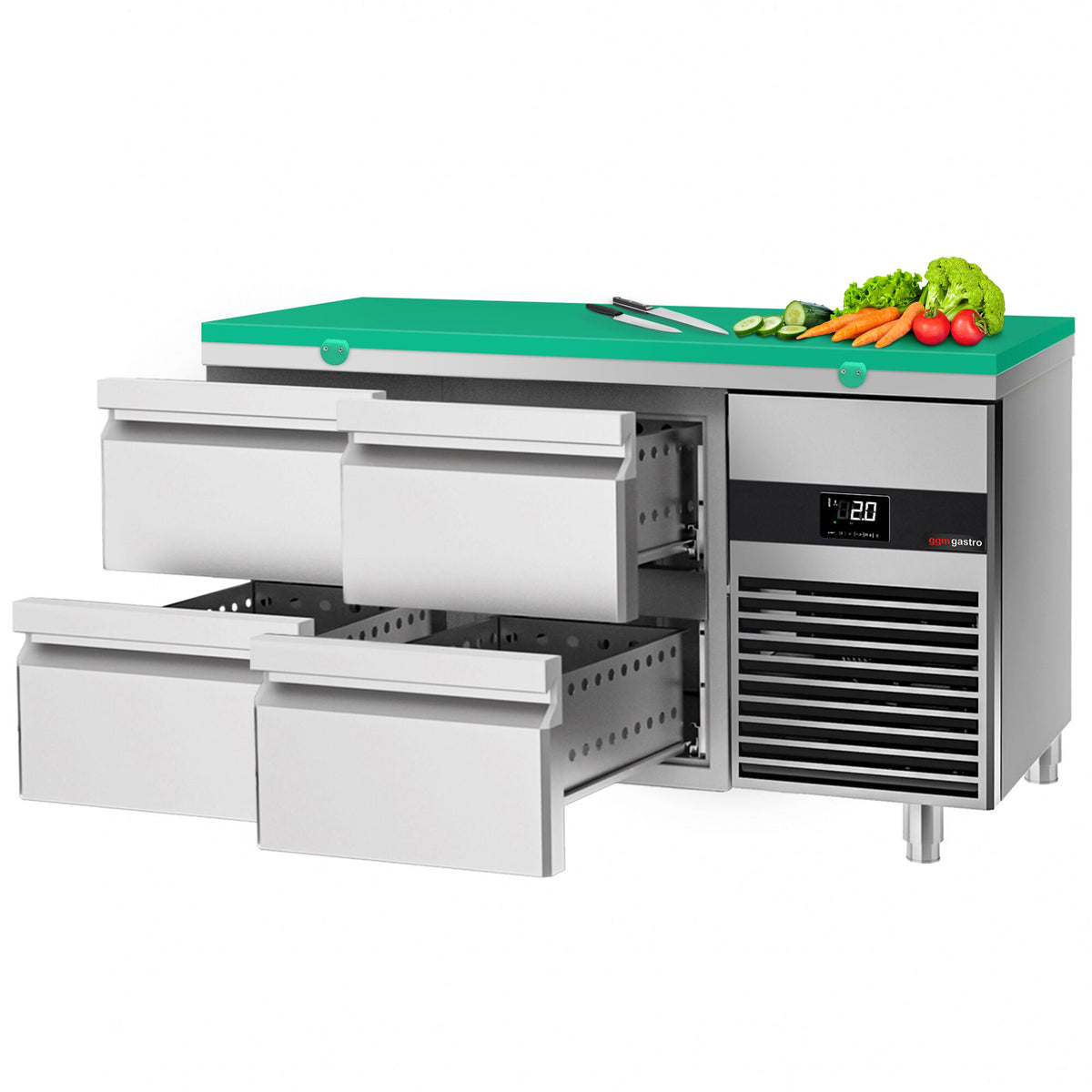 Kylmäpöytä PREMIUM - 1400x700 mm - 281 l - 4 laatikkoa - Väri vihreä - sisältää leikkuulaudan vihreä