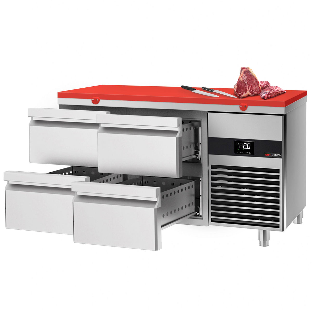 Kylmäpöytä PREMIUM - 1400x700 mm - 281 l - Väri punainen - 4 laatikkoa - sisältää leikkuulaudan punainen