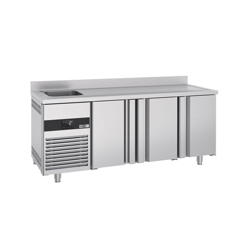 Commercial Counter Fridge PREMIUM - 1900x700mm - with 3 doors - with sink left - with upstand - capacity 420 litres