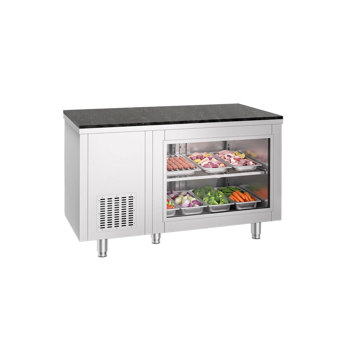 Kylmäpöytä – 1400 x 700 mm – takana 2 ovea – lasi-etupuolella – graniittinen työtaso mukana