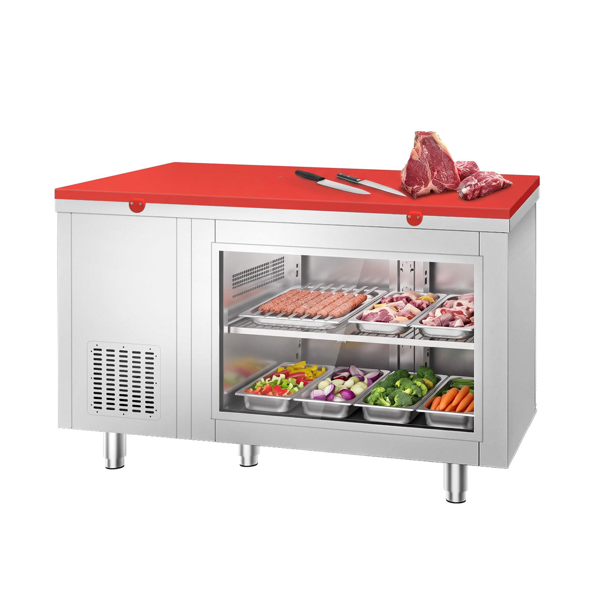 Commercial Counter Fridge – 1400 × 700 mm – Rear Side with 2 Doors – Glass Front – incl. Red Cutting Board