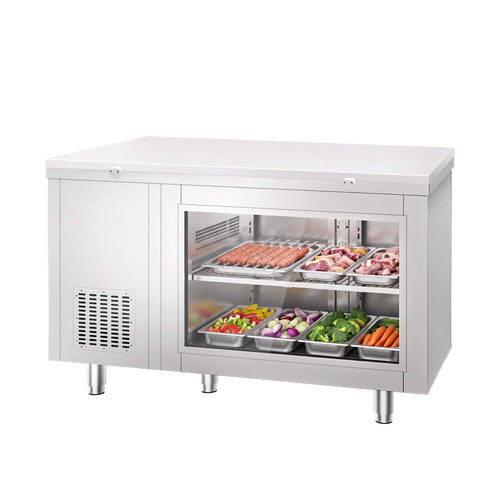 Kylmäpöytä – 1400 x 700 mm – takana 2 ovea – lasi-etupuolella – sisältää leikkuualustan, valkoinen