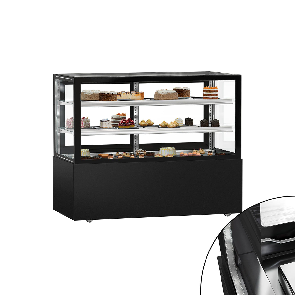 Kakkuvitriini MADRID - 620 l - 1500 mm - kaksinkertainen lasi - 2 hyllyä - LED-valaistus - liukuovet - musta mattapinta