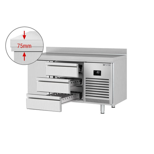 Kylmäpöytä PREMIUM PLUS - 1468x700 mm - 305 l - 1 ovea - 3 laatikkoa - Takakoroke