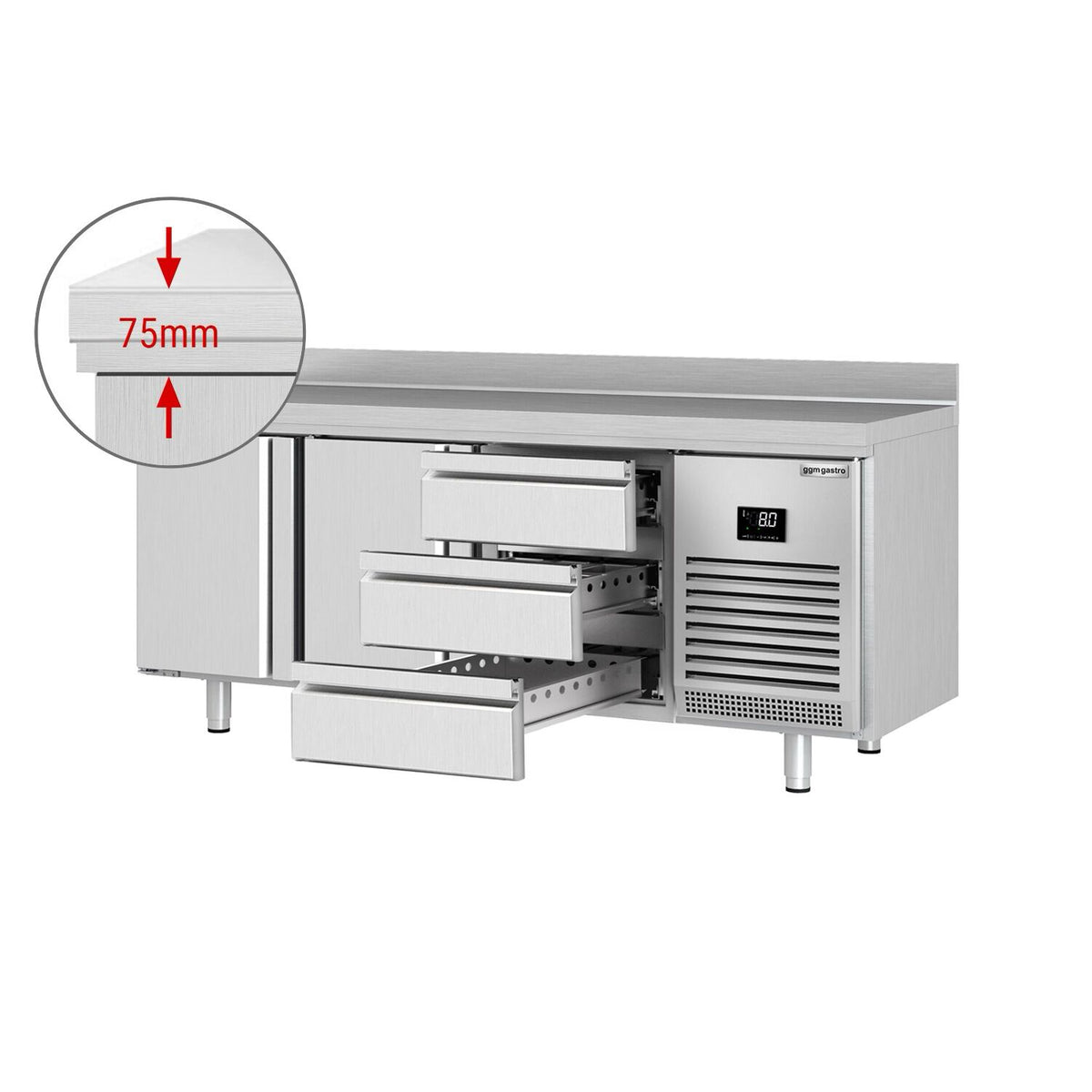 Kylmäpöytä PREMIUM PLUS - 1960x600 mm - 385 l - 2 ovea - 3 laatikkoa - Takakoroke