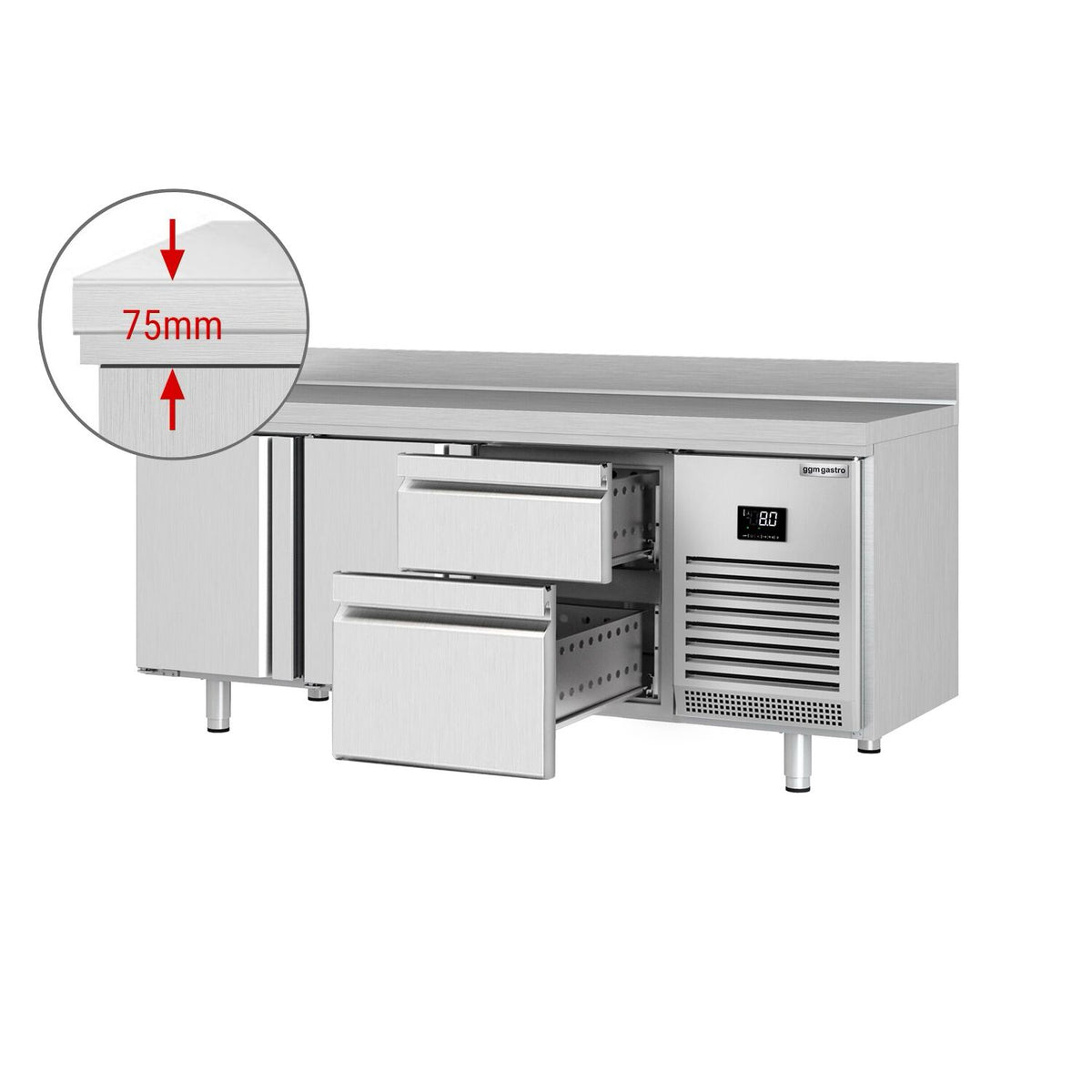 Kylmäpöytä PREMIUM PLUS - 1960x700 mm - 465 l - 2 ovea - 2 laatikkoa - Takakoroke